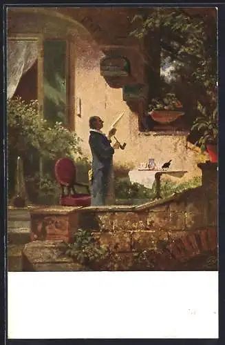 Künstler-AK Carl Spitzweg: Pfarrer mit Tabakpfeife am Gartentisch