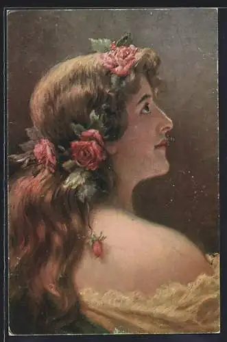 AK Junge Frau im Schmuck der Rosen
