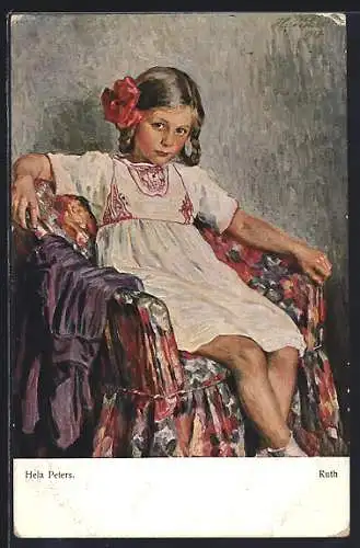 Künstler-AK Portrait Mädchen im weissen Kleid & mit Blume im Haar