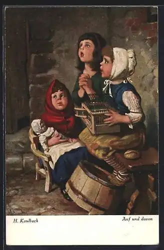 Künstler-AK Hermann Kaulbach: Kinder haben einen Vogel in die Freiheit entlassen