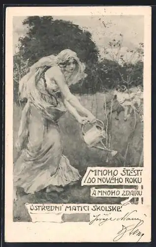 AK Jugendstil, Frau mit Giesskanne wässert die Pflanzen, Tanzende Leute im Hintergrund