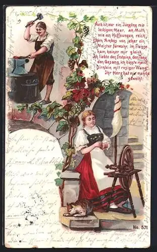 Lithographie Schmied am Amboss arbeitend, Frau sitzt am Spinnrad