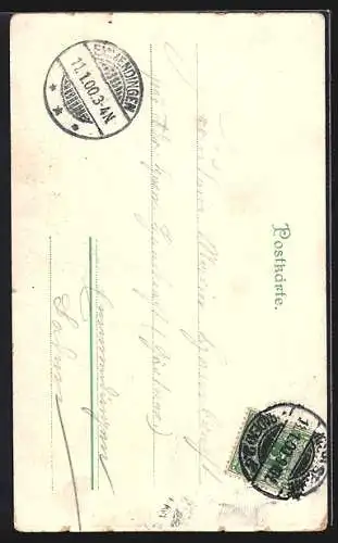 Lithographie Schmied am Amboss arbeitend, Frau sitzt am Spinnrad