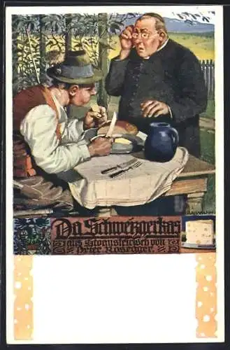 Künstler-AK Richard Assmann: Da Scheizerkas, Geistlicher und Bauer beim Frühstück
