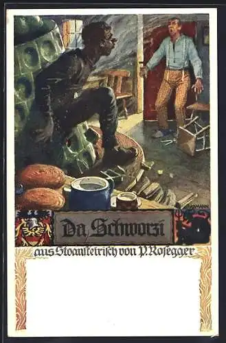 Künstler-AK Richard Assmann: Da Schworzi, Mann hockt am Ofen