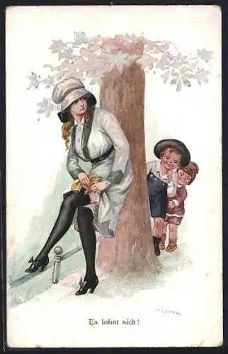 Künstler-AK H. Zahl: Frau befestigt unter Beobachtung ihre Strümpfe