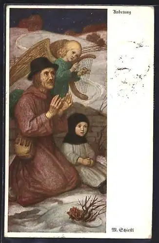 Künstler-AK Matthäus Schiestl: Anbetung, Mann beim Gebet mit Kind und Engel