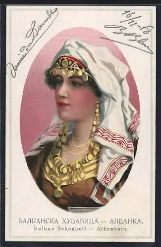 Lithographie Albanische Schönheit mit Kopftuch und goldenen Pailletten