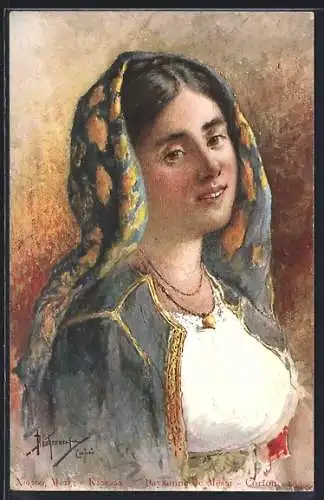 Künstler-AK Griechenland, junge Frau mit einem Kopftuch geschmückt