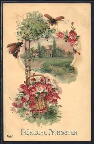 AK Frühlingsidylle mit Maikäfern, Pfingstgruss
