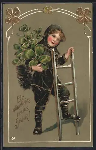 AK kleiner Schornsteinfeger mit Leiter und Kleeblättern, Neujahr