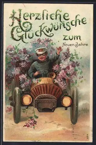 AK Mann mit Blumen im Auto