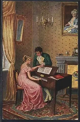 Künstler-AK Kaskeline: Herzensfrage, junges Paar am Klavier