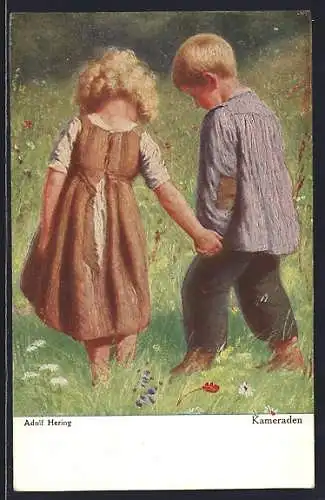 Künstler-AK Wohlgemuth & Lissner, Primus-Postkarte No. 3051: Kameraden, Mädchen und Junge auf einer Wiese