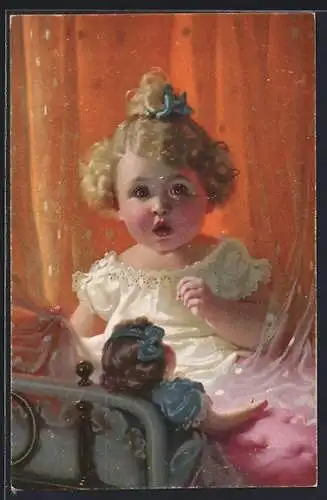 Künstler-AK Goldgelocktes Mädchen spielt mit ihrer Puppe und wirkt überrascht