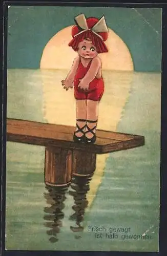 AK Mädchen im Badeanzug steht nachts auf einem Steg, halb untergegangener Mond am Horizont