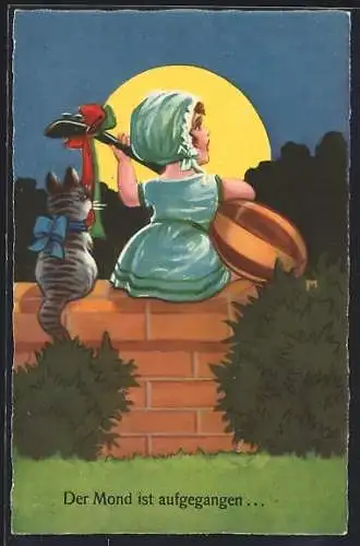 AK Mädchen mit Mandoline auf einer Mauer, Katze, Mond