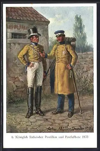 AK Königlich Sächsischer Postillion und Postfussbote im Gespräch, Szene aus dem Jahre 1833
