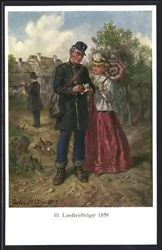 AK Landbriefträger der Königlich Sächsischen Post händigt einer Dame einen Brief aus, Szene aus dem Jahre 1859