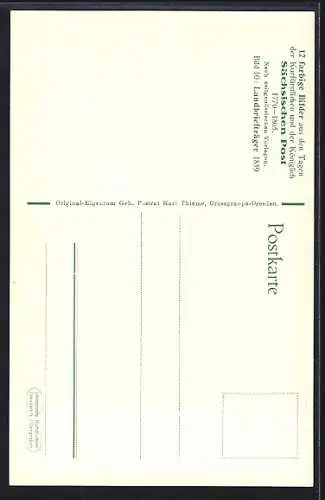 AK Landbriefträger der Königlich Sächsischen Post händigt einer Dame einen Brief aus, Szene aus dem Jahre 1859