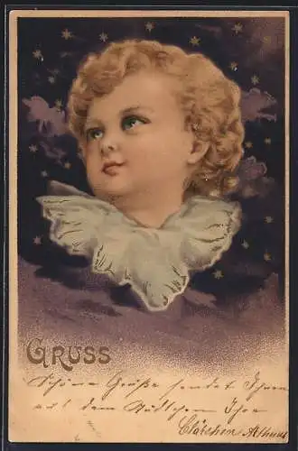 AK hübsches Engelsgesicht mit goldfarbenen Locken und Sternenhimmel