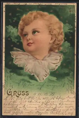 AK hübsches Engelsgesicht mit goldfarbenen Locken und Sternenhimmel