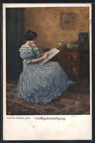 Künstler-AK Karl Maria Schuster: Lieblingsbeschäftigung, Fräulein beim Zeichnen