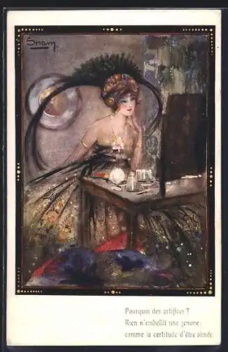 Künstler-AK sign. Snam: Junge Dame im Kleid am Schminktisch