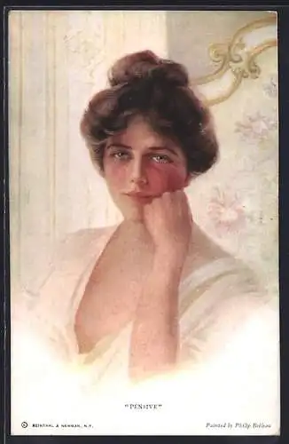 Künstler-AK Philip Boileau: Nachdenkliche junge Frau mit Hochsteckfrisur