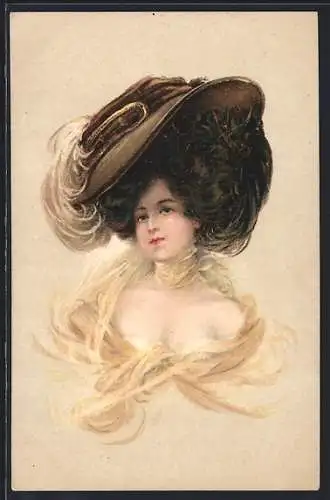 AK Jugendstil, Frau mit grossem eleganten Hut mit Federn und weit ausgeschnittenem Kleid