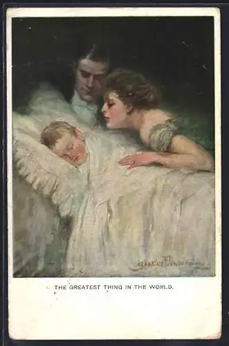 Künstler-AK Clarence F. Underwood: Eltern am Bett ihres schlafenden Kindes