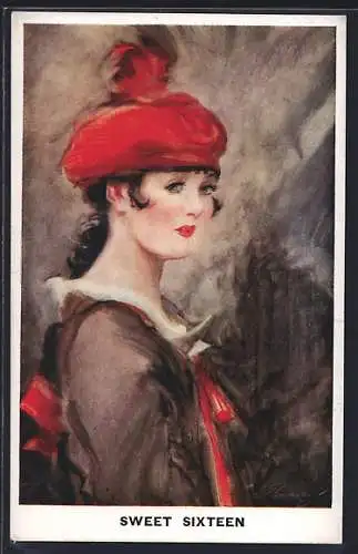 Künstler-AK William Barribal: Sweet sixteen, Junge Dame mit rotem Hut