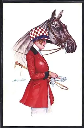 Künstler-AK Xavier Sager: junge Reiterin mit ihrem Pferd