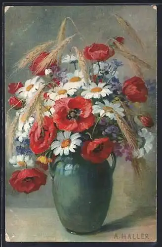 Künstler-AK Anna Haller: Mohnblumen und Margeriten in einer Vase