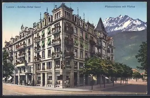 AK Luzern, Schiller-Hotel Garni, Pilatusstrasse mit Pilatus