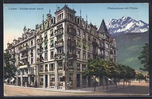 AK Luzern, Schiller-Hotel Garni, Pilatusstrasse mit Pilatus