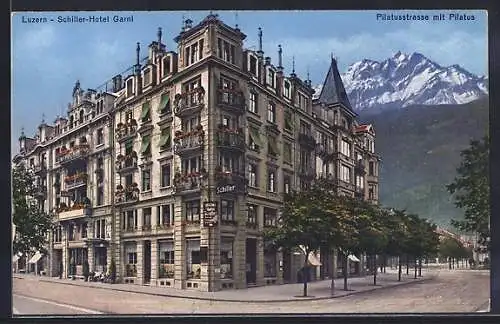 AK Luzern, Schiller-Hotel Garni, Pilatusstrasse mit Pilatus