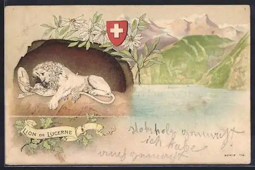 Lithographie Luzern, Löwendenkmal, Schweizer Wappen