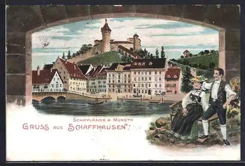 AK Schaffhausen, Schifflände mit Munoth, Paar in Tracht, Passepartout