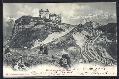 AK Rigi-Kulm und die Alpen, Panorama mit Bergbahn