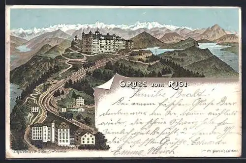 Lithographie Rigi, Häuser am Hotel und Bergbahn um 1900