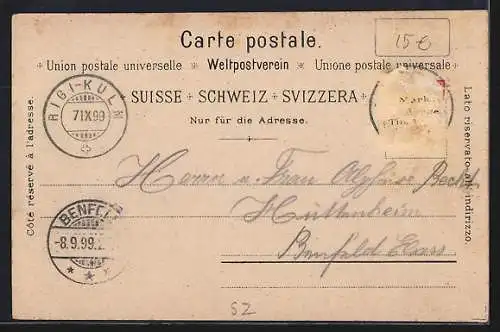 Lithographie Rigi, Häuser am Hotel und Bergbahn um 1900