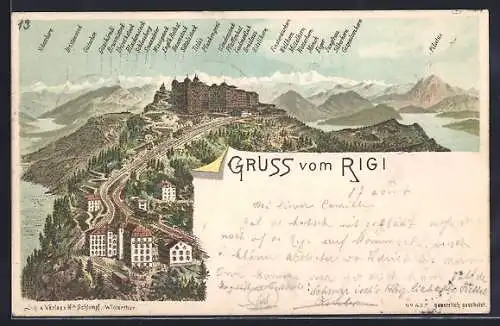 Lithographie Rigi, Blick auf den Ort mit Bergbahn, Gebirgspanorama