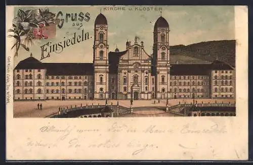 Lithographie Einsiedeln, Blick auf Kirche und Kloster