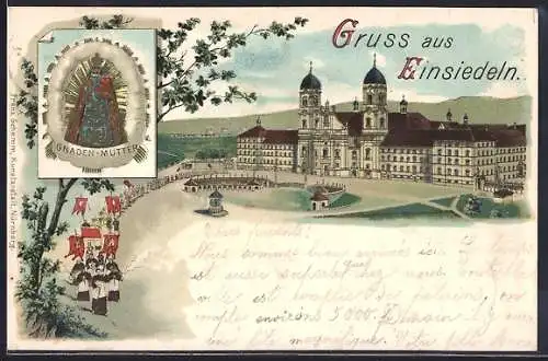 Lithographie Einsiedeln, Gnaden-Mutter, Mönche während einer Prozession am Kloster