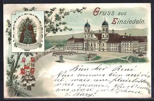 Lithographie Einsiedeln, Kloster mit Prozession
