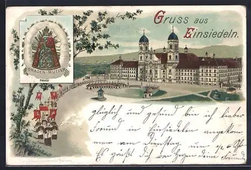 Lithographie Einsiedeln, Wallfahrtskirche mit Wallfahrtsgruppe, Gnaden-Mutter