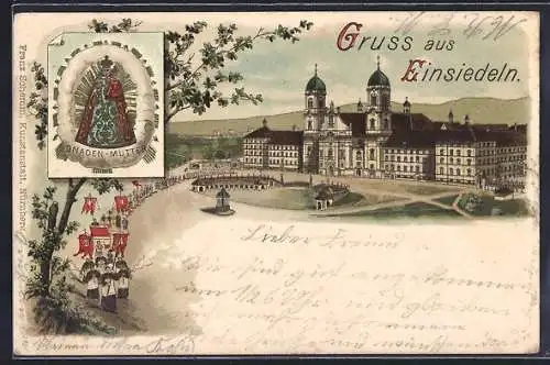 Lithographie Einsiedeln, Wallfahrtskirche mit Wallfahrtsgruppe, Gnaden-Mutter