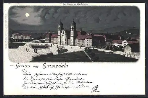 Lithographie Einsiedeln, Kloster im Vollmondlicht