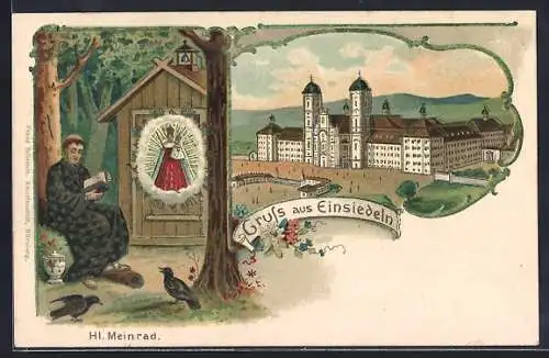 Künstler-AK Einsiedeln, Blick zum Kloster, Mönch und Gnadenbild
